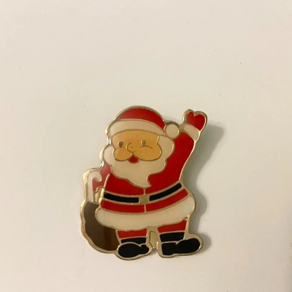 Vintage Santa Claus Pin Red White and Black Enamel Waving Santa Claus Brooch - Picture 1 of 12